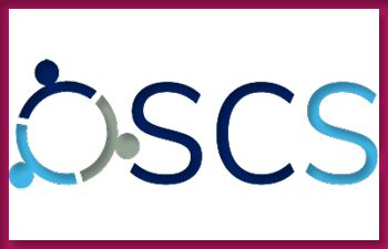 he image shows the letters 'SCS' in a stylized font. To the left of the letters, there is a circular design composed of three interconnected segments, each with a small circle at its end. The colors used are shades of blue and gray.