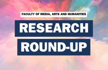 Text overlay: Research Round-up over colourful clouds