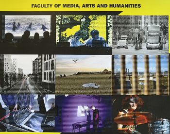 A digital image containing nine photos in rows of three, each image is taken from previous showcase student's work - two students DJ'ing, Brighton beach, students watching a film. The top of the image reads:  'Faculty of Media, Arts and Humanities'.