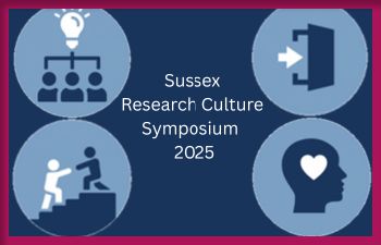 Sussex Research Culture Symposium 2025 poster - with 4 simple graphics representing collaboration, belonging, maximising potential and open research