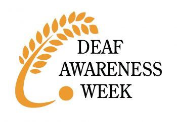 Logo which says Deaf Awareness Week in black with yellow gold graphic