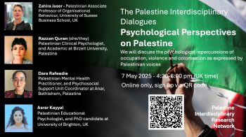 Image of event with speakers photos and affiliation with Palestinian flag in background