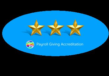 Blue background with three gold stars in a line with 'payroll giving accreditation' listed below.