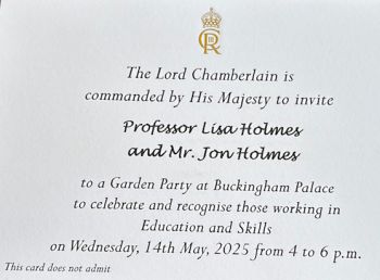A photograph of the physical invitation Lisa Holmes received to the Education Royal Garden Party