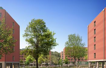 Health and Wellbeing Centre (left) and student residence (right) with a large green space with trees in between