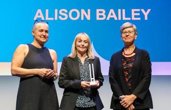 Alison Bailey- Winner of Community impact, Scholarship and Social Responsibility. Accepting award on stage at Sussex Awards.