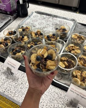 A hand holding a bowl of yoghurt with fruit toppings