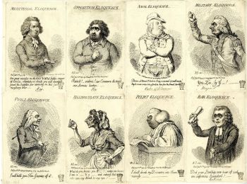 Black and white illustrated caricatures of eight people on a sepia background from 1795