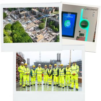 Three polaroid templates with different photos in them. 1) an aerial view of West Slope, 2) an EcoVend reverse vending machine, and 3) a group of colleagues in safety gear standing in a building construction site.