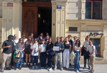 students standing outside Czech Central bank
