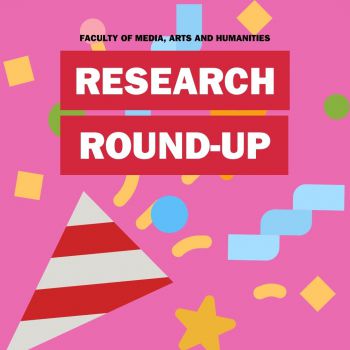Animation-style party popper on pink background with 'Research Round-up' written across