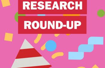Animation-style party popper on pink background with 'Research Round-up' written across