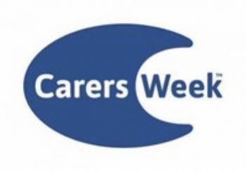 Carers Week text logo with a blue and white background