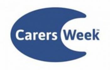 Carers Week text logo with a blue and white background
