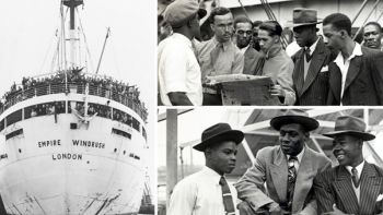Black and white collage showing the arrival of the Empire Windrush ship at Tilbury Docks in 1948.