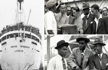 Black and white collage showing the arrival of the Empire Windrush ship at Tilbury Docks in 1948.