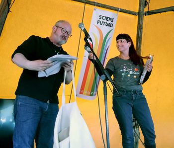 Professor Gillian Forrester on the stage at Science Futures, Glastonbury Festival 2024