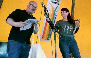 Professor Gillian Forrester on the stage at Science Futures, Glastonbury Festival 2024