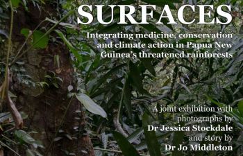 A poster advertising the SURFACES exhibition. The background image shows plants from the Papua New Guinea rainforest.