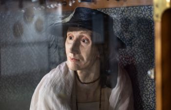 A close up of the wax model of Virginia Woolf