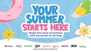 Blue background, pink rubber ring, yellow surfboard and yellow flowers in the corners with 'Your summer starts here' written in blue and pink