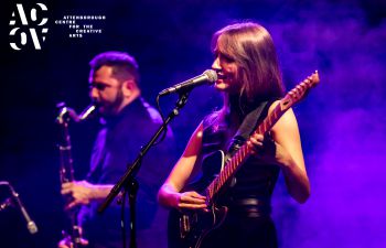 A woman and a man playing musical instruments on stage