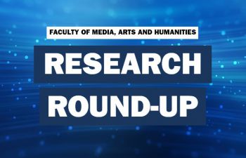 The words research round-up on a blue background with white stars