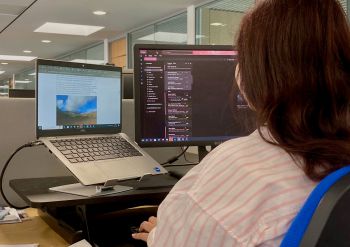 Someone with long dark hair seen from behind working at a computer