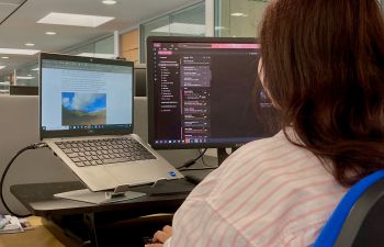 Someone with  long dark hair seen from behind working at a computer