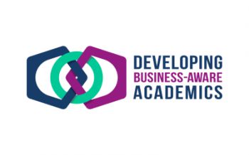 Developing Business-Aware Academics Logo. Interlocking shapes in blue, green and purple.