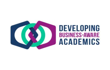 Developing Business-Aware Academics Logo. Interlocking shapes in blue, green and purple.