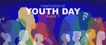 Illustration of diverse youth silhouettes in various colours, facing different directions, against a blue background. The text reads “International Youth Day, August 12” in bold white and light blue font.