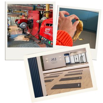 Three photos: the district heating network; a hand holding a banana peel; and an artist's impression of a wellbeing and fitness studio.