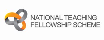 A picture showing an interlocking symbol in orange and grey, next to the words National Teaching Fellowship Scheme in black capital letters
