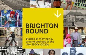 Yellow square with Brighton Bound title text, surrounded by images of people in Brighton