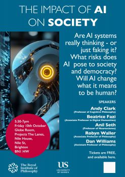 A poster indicating the subject-matter of the event and the list of speakers. It features a robot that may or may not be thinking.