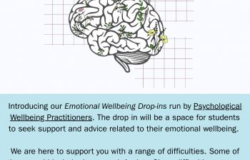 Poster advertising the University of Sussex Emotional Wellbeing Drop-In, offering support for students with difficulties such as low mood, anxiety, stress, sleep issues, homesickness, and loneliness. Sessions run Mondays 2–4pm at the Meeting House.