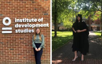 Left: Mentee Sara Bechtler in front of the Institute of Development Studies building. Right: Mentor Andrea Valdés Hernández in her Sussex graduation gown on the University of Sussex campus.