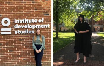 Left: Mentee Sara Bechtler in front of the Institute of Development Studies building. Right: Mentor Andrea Valdés Hernández in her Sussex graduation gown on the University of Sussex campus.