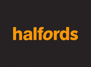 Black background, with 'Halfords' written in orange in the middle