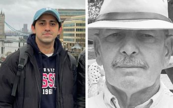Left: Mentee Abdul Rehman Hayat wearing a University of Sussex hoodie in London. Right: Black and white photograph of mentor Tom Murphy.