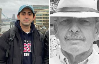 Left: Mentee Abdul Rehman Hayat wearing a University of Sussex hoodie in London. Right: Black and white photograph of mentor Tom Murphy.