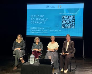The panelists are shown on stage with the audience in front of them at the Brighton Dome