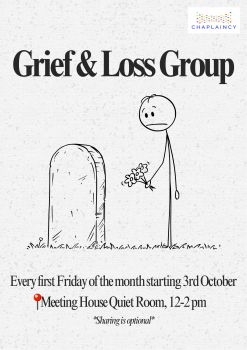 A stick figure holding out flowers in front of a grave. Poster has details about the grief & loss group.