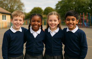 Four young schoolchildren smiling at the camera