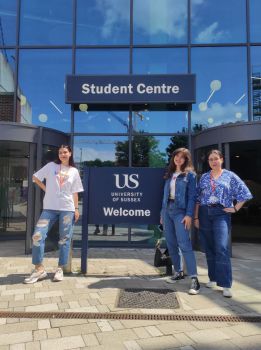 Ukrainian students standing outside the Student Centre