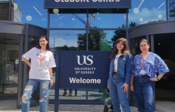 Ukrainian students standing outside the Student Centre
