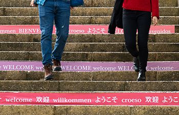 Welcome signs in different languages on steps