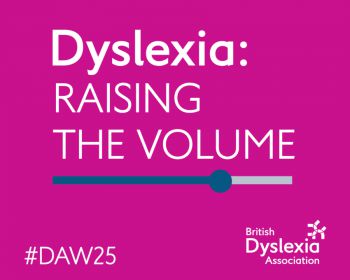 Dyslaxia: Raising the Volume 2025 (white writing on pink background)
