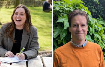 Left: Mentee Aisling Byrne smiling and writing. Right: Mentor Maurice Pigaht stood in front of some foliage